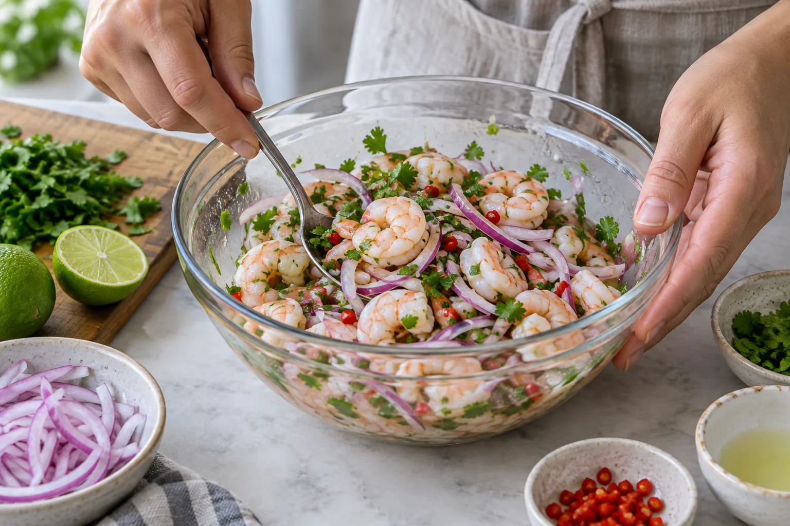 Des crevettes cuites sont mélangées avec du jus de citron vert, de l’oignon rouge et de la coriandre.