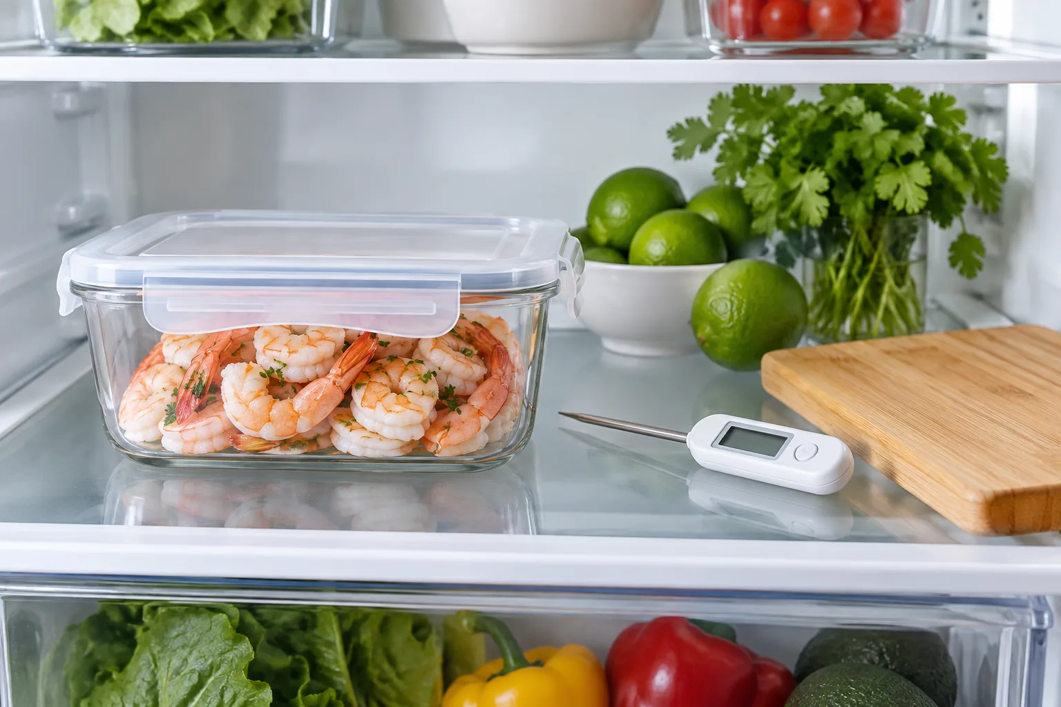 Un récipient fermé contenant des crevettes cuites est conservé au réfrigérateur, à côté d’ustensiles propres.
