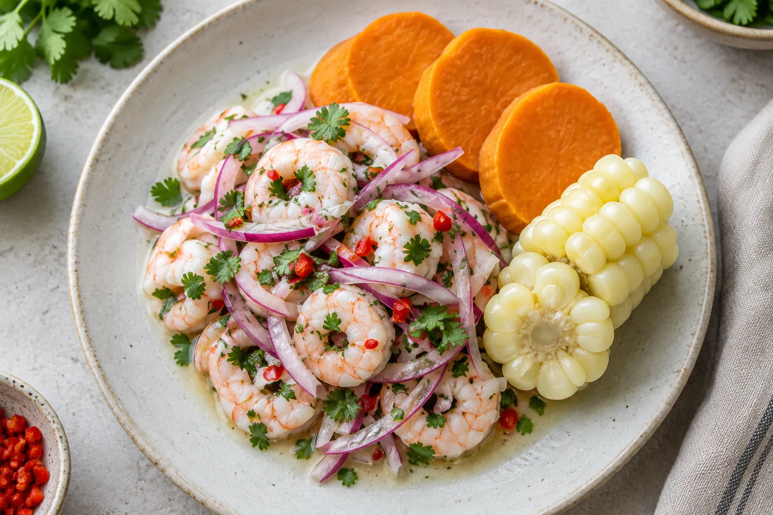 Ceviche aux crevettes cuites accompagné de patate douce, de maïs et de coriandre fraîche.