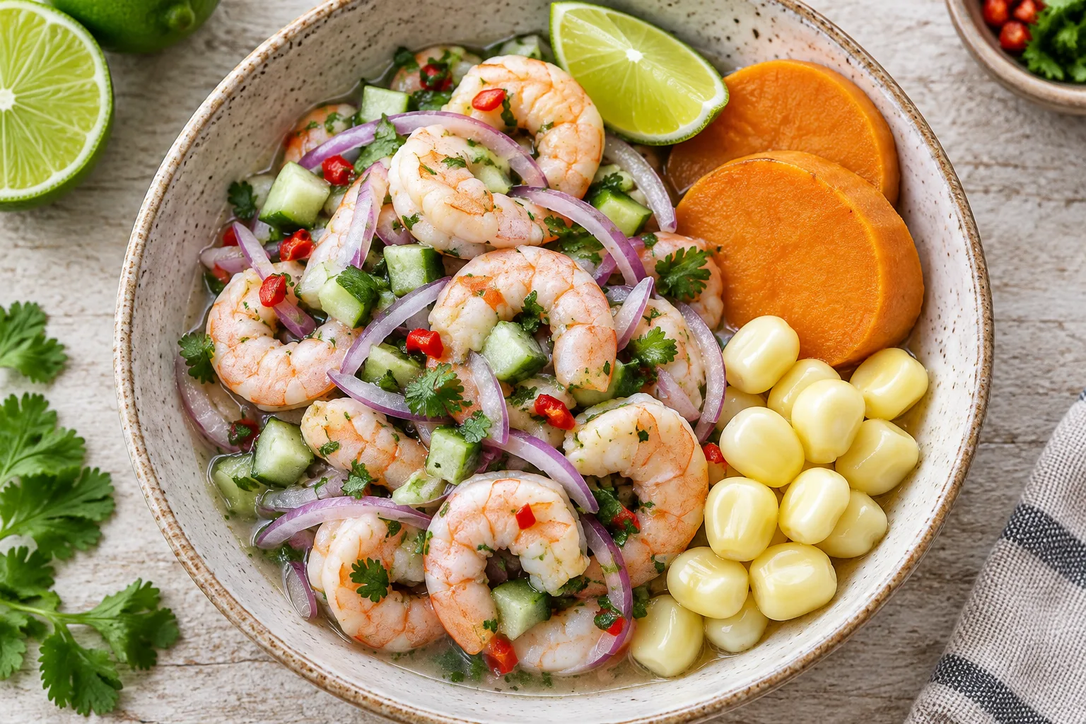 Bol de ceviche aux crevettes avec oignon rouge, coriandre, concombre et citron vert, accompagné de patate douce et de maïs.