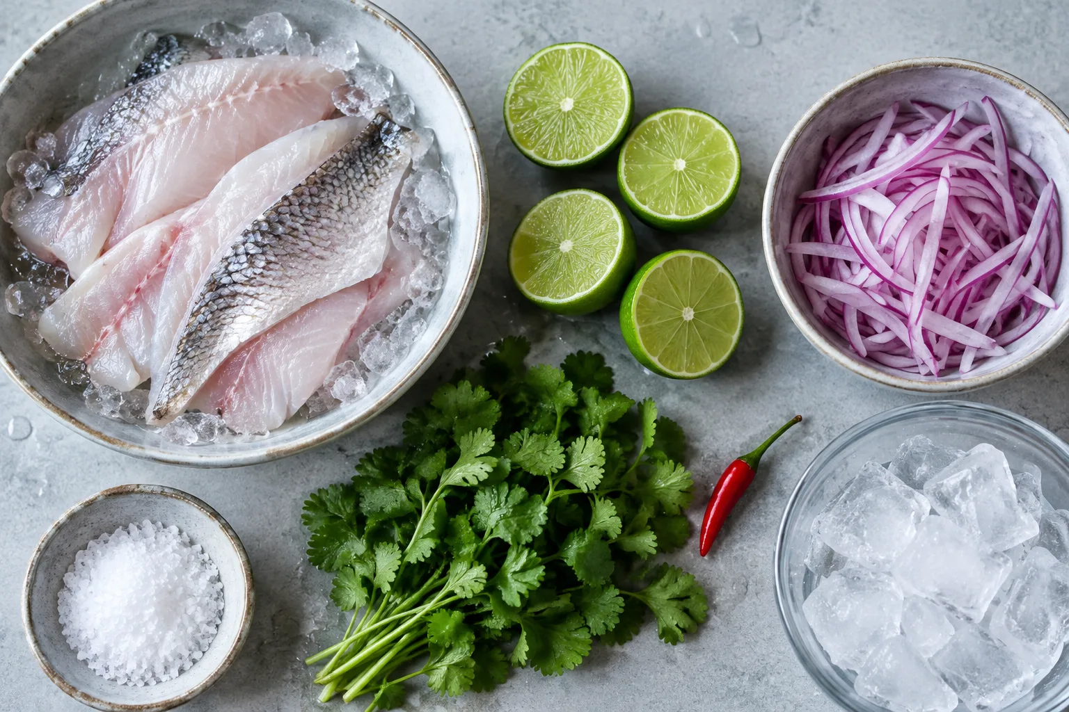 Filets de daurade, citrons verts, oignon rouge, coriandre et piment réunis avant la préparation du ceviche.