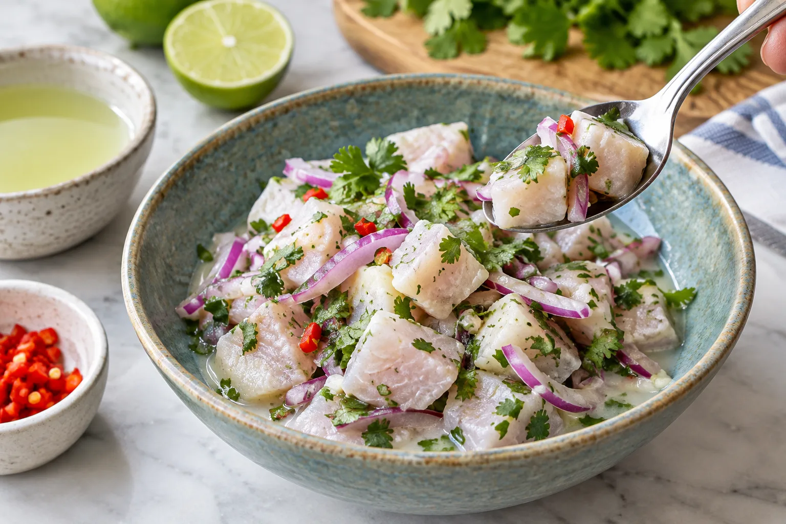 Un bol froid de ceviche de daurade avec des dés enrobés d’une fine quantité de marinade au citron vert.