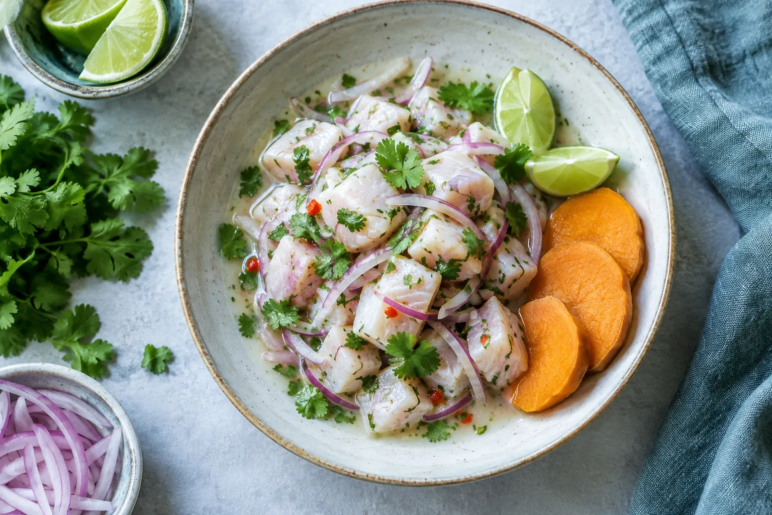 Ceviche de daurade en dés, garni d’oignon rouge, de coriandre et de piment frais, avec du citron vert à côté.