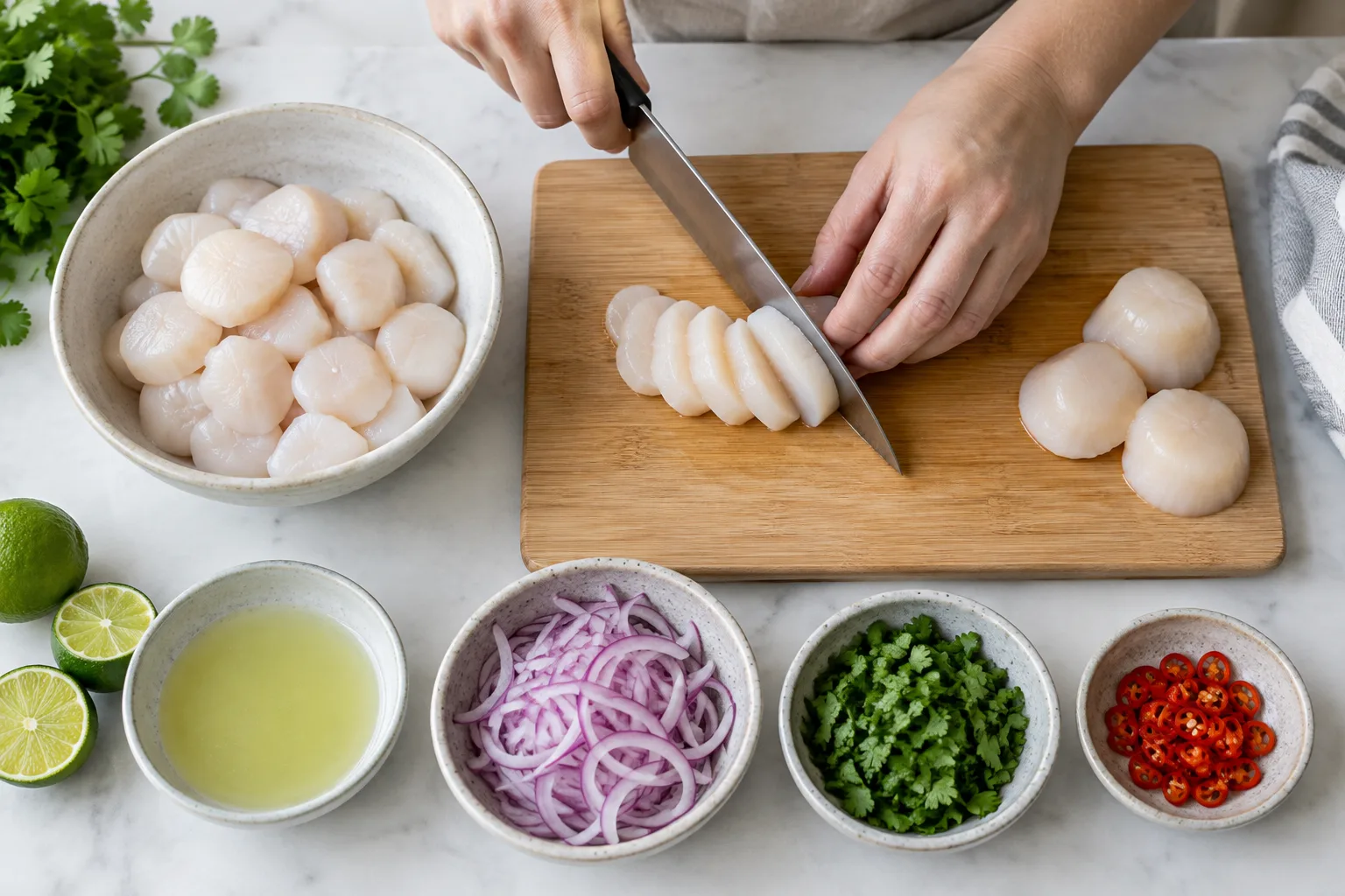 Noix de Saint-Jacques découpées en tranches régulières près des ingrédients du ceviche.