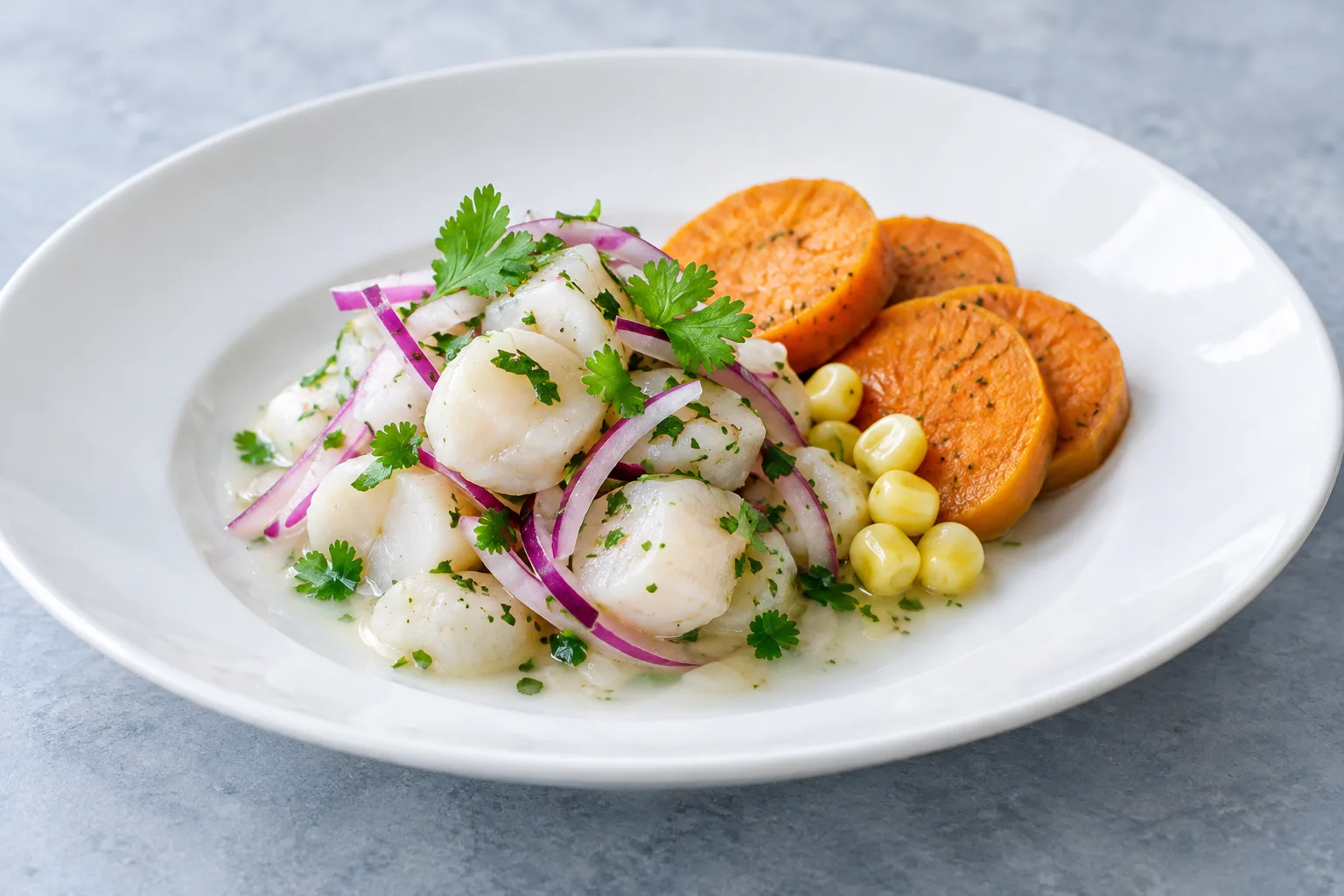 Assiette de ceviche de Saint-Jacques accompagnée de rondelles de patate douce et de maïs.