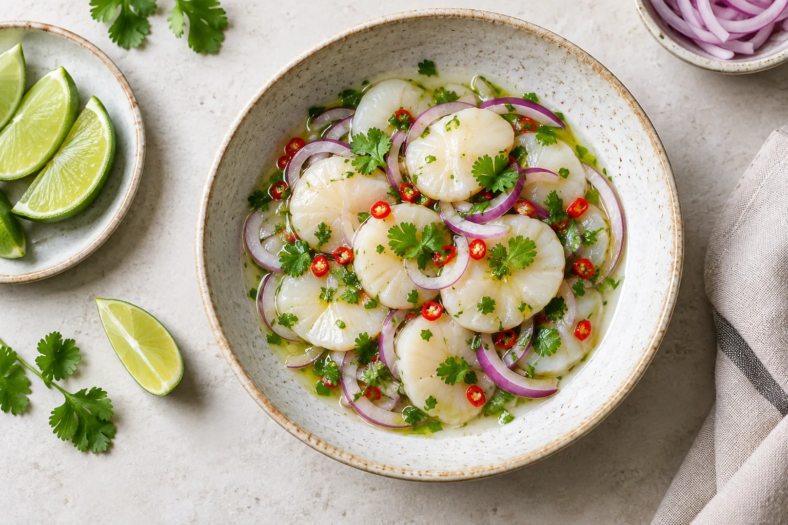 Ceviche de Saint-Jacques au citron vert, garni d’oignon rouge, de piment frais et de coriandre.