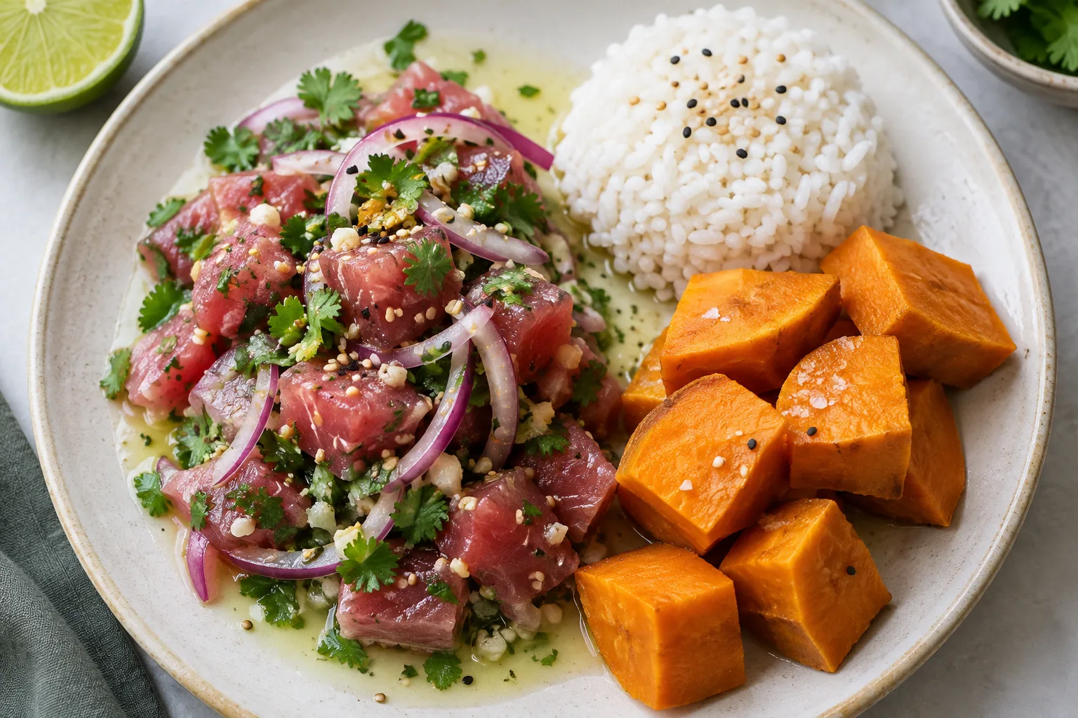 Assiette de ceviche nikkei au thon servie avec des morceaux de patate douce et une portion de riz nature.