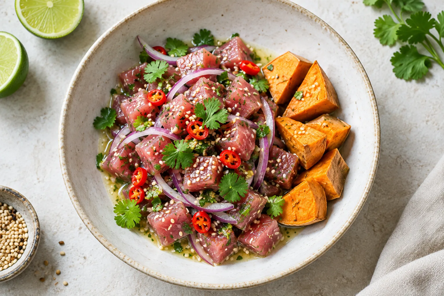 Ceviche nikkei au thon garni d’oignon rouge, de coriandre, de piment et de graines de sésame, servi avec de la patate douce.