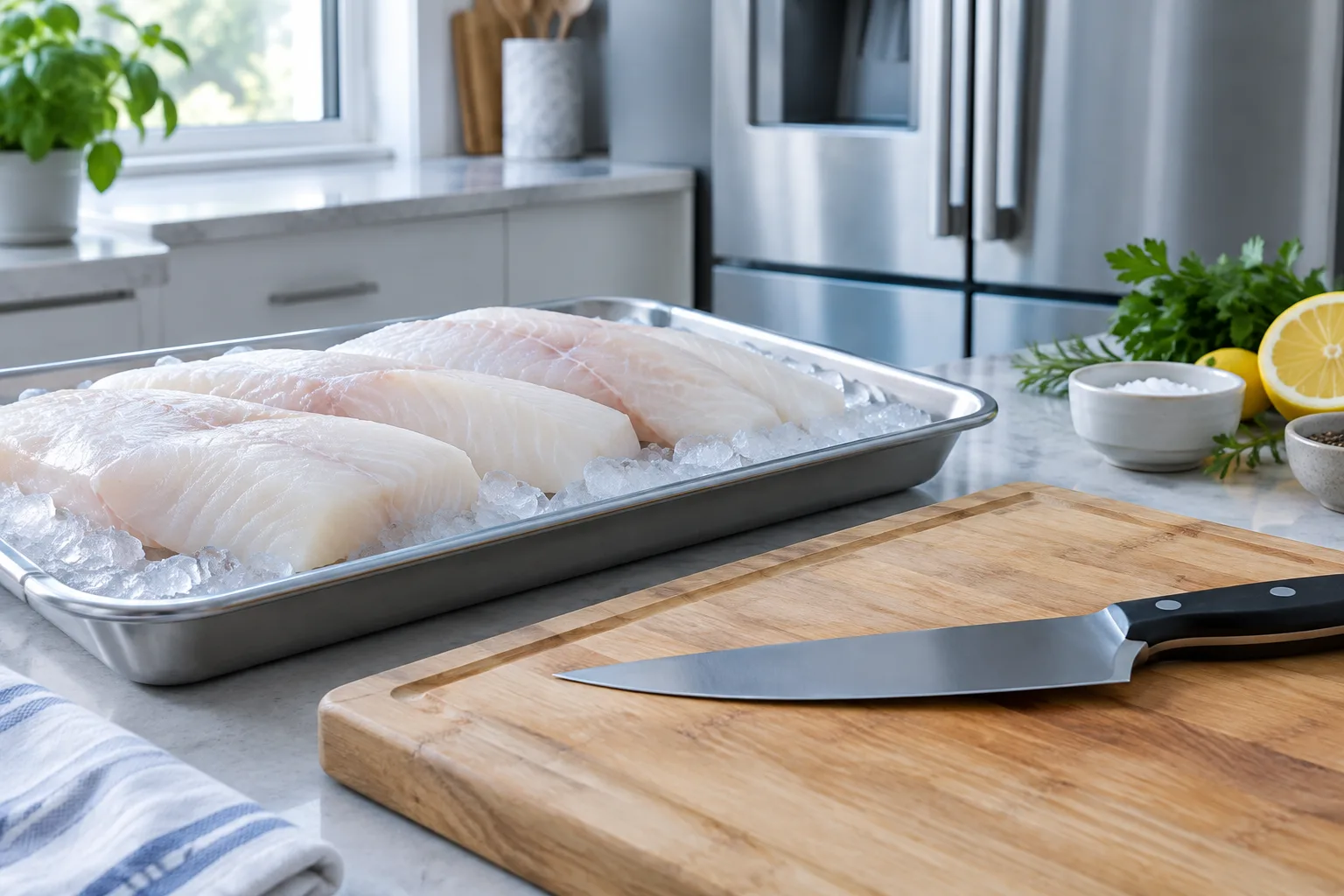 Des filets de poisson blanc à chair ferme gardés au frais près d’une planche propre.