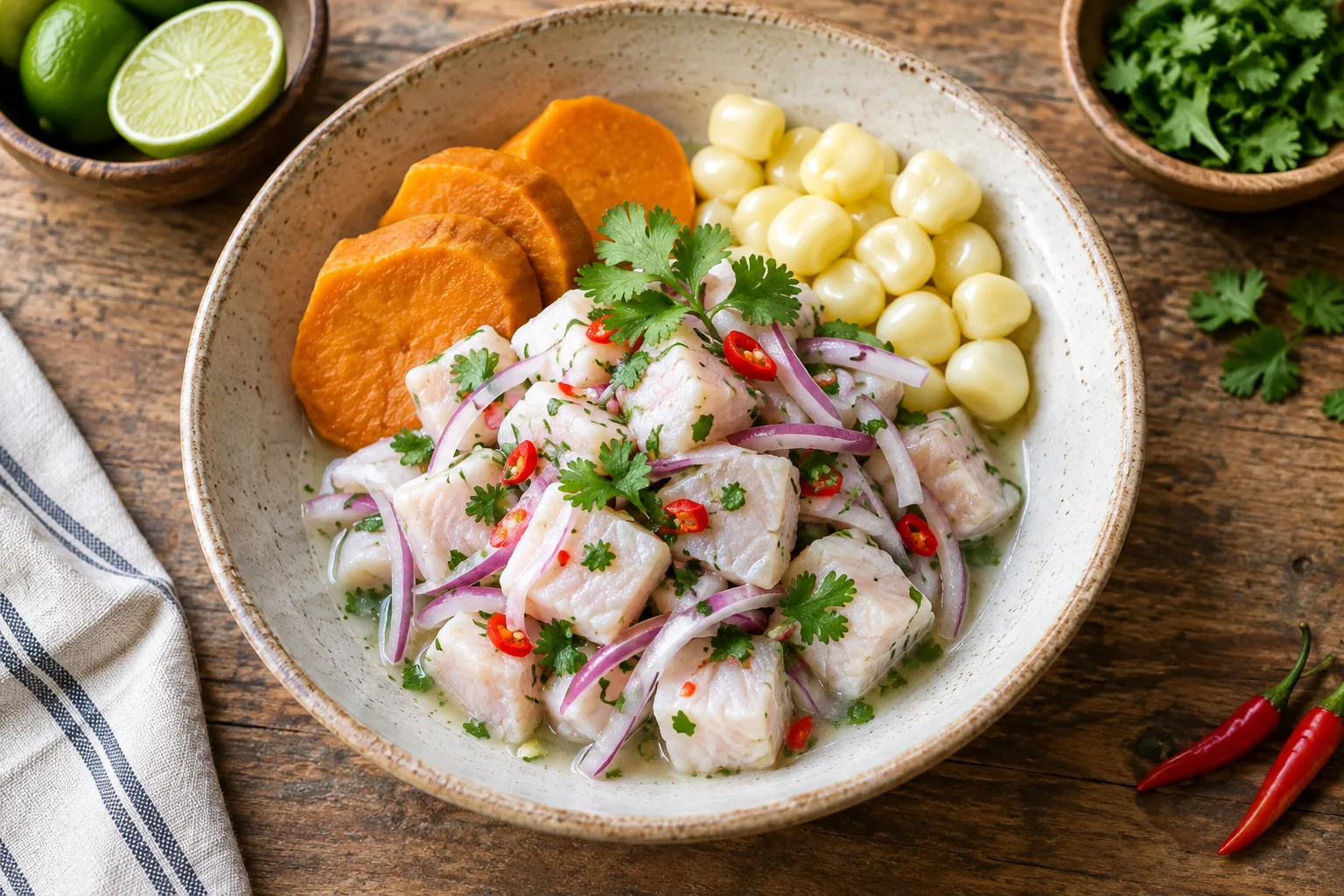 Un ceviche de poisson blanc avec oignon rouge, coriandre, citron vert, patate douce et maïs.