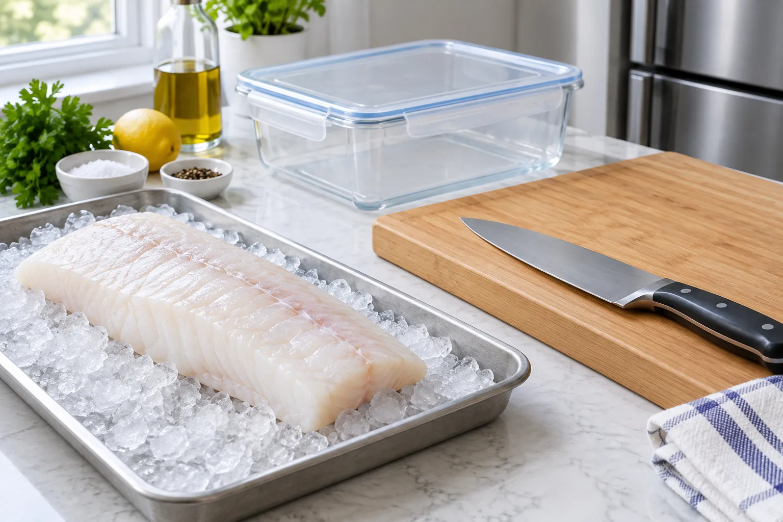 Filet de poisson blanc conservé sur glace près d’une planche et d’un couteau propres.