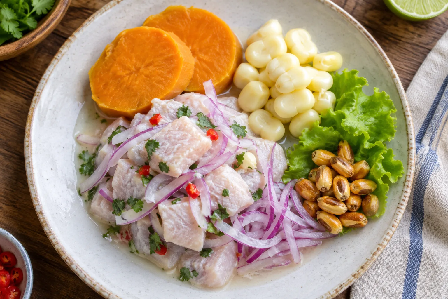 Assiette de ceviche accompagnée de tranches de patate douce et de maïs disposés à part.