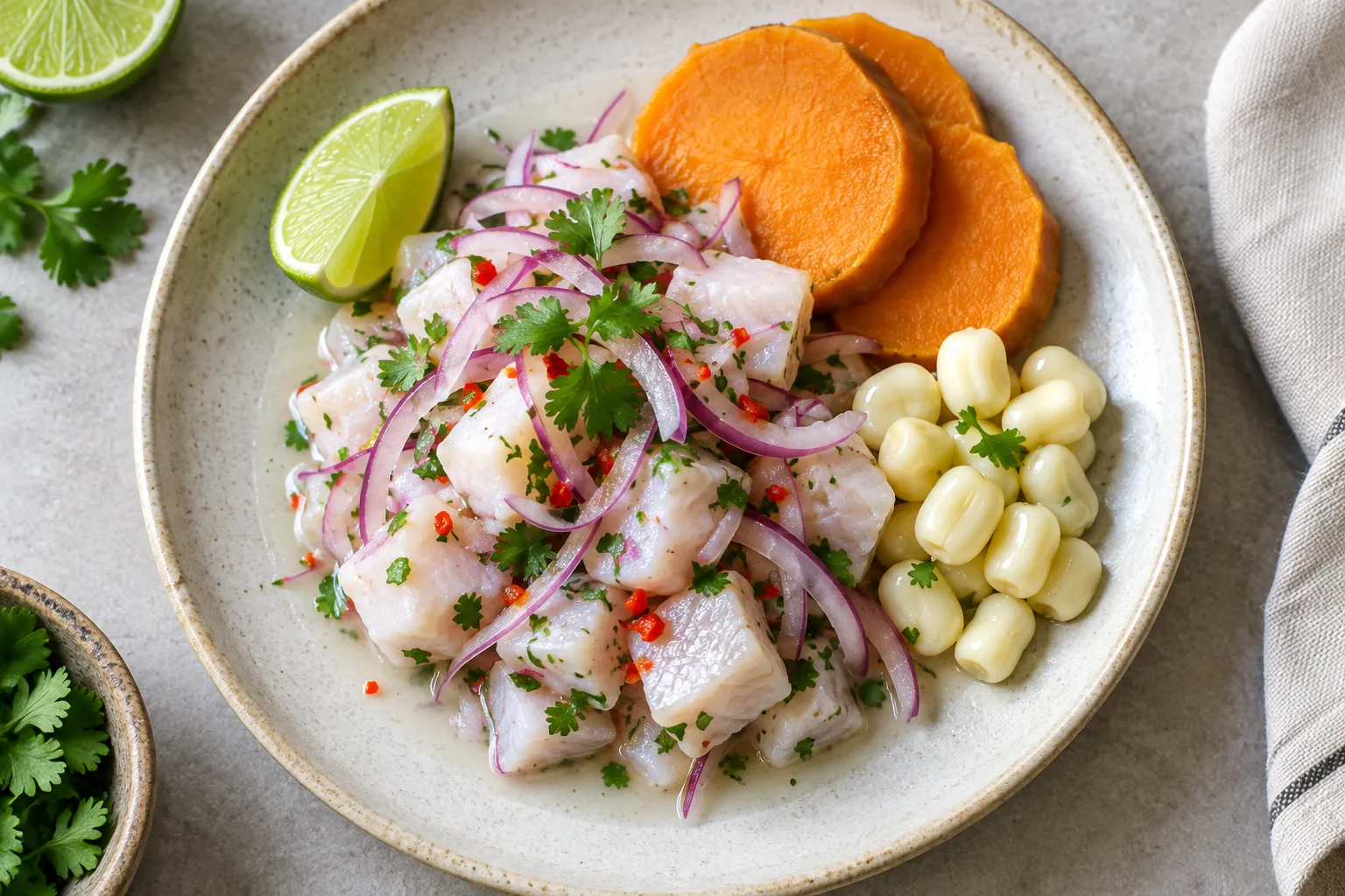 Ceviche de poisson blanc garni d’oignon rouge et de coriandre, servi avec de la patate douce et du maïs.