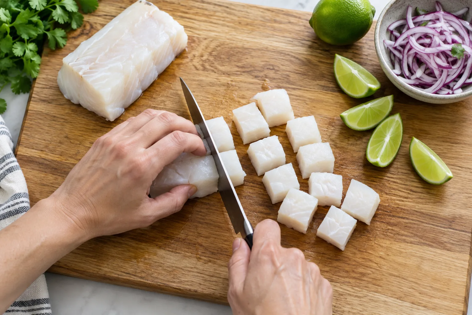 Des dés réguliers de poisson blanc sont découpés au couteau sur une planche, avec des quartiers de citron vert à proximité.