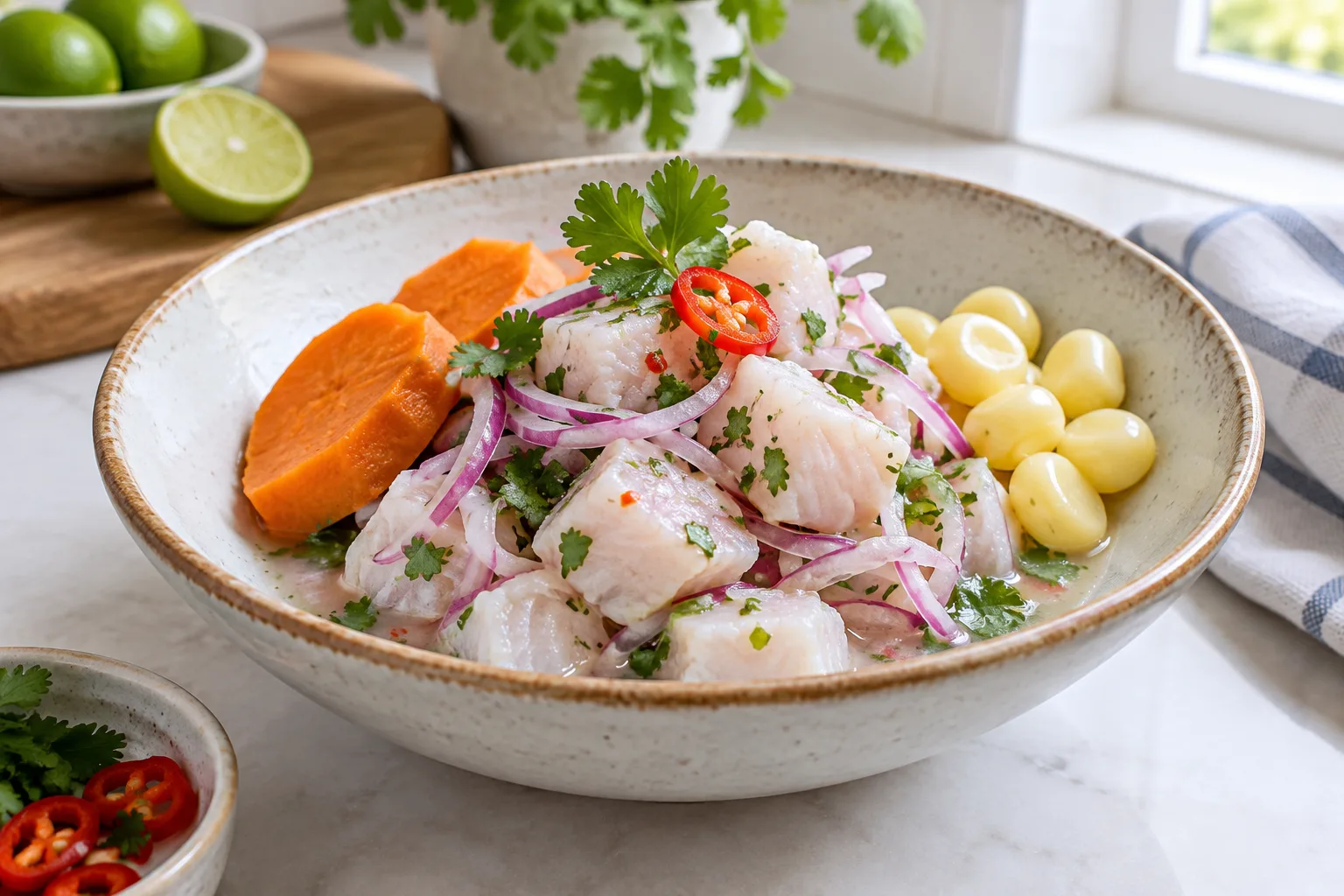 Bol de ceviche au poisson blanc, citron vert, oignon rouge et coriandre, accompagné de patate douce et de maïs.