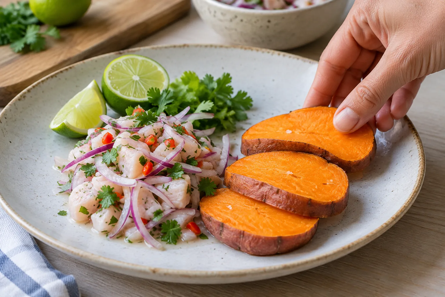 Rondelles de patate douce tendre disposées à côté d’une portion de ceviche.