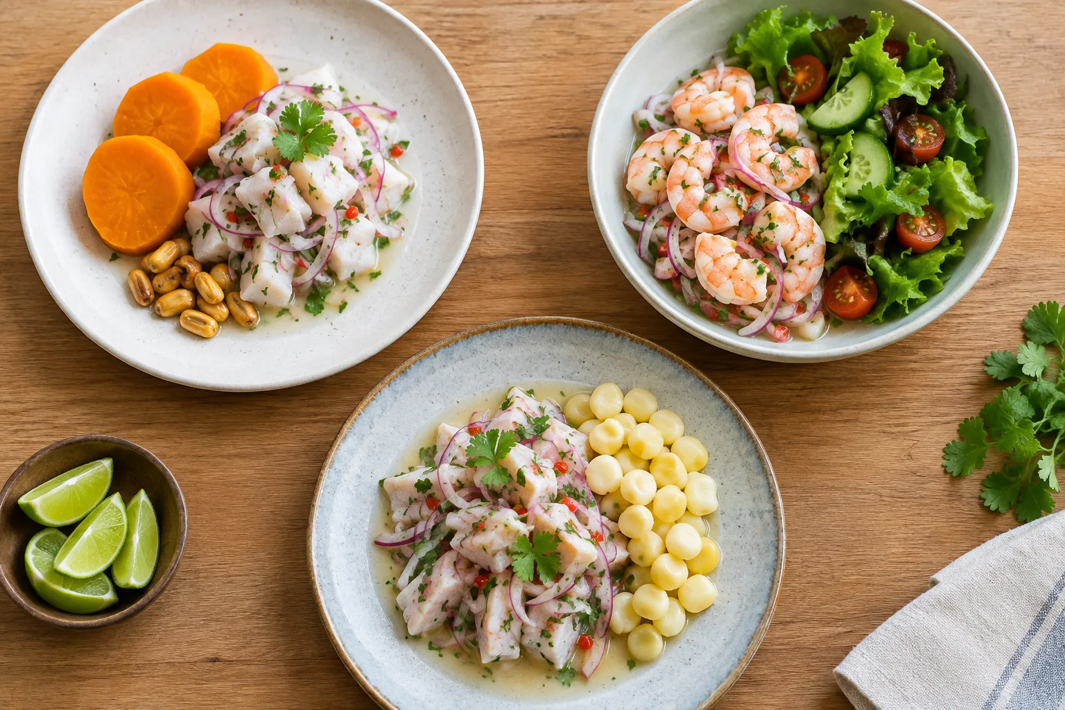 Trois façons de servir le ceviche avec patate douce, salade ou maïs.