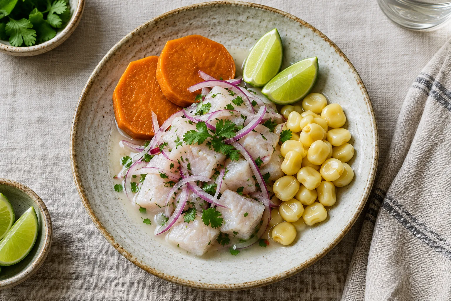 Assiette de ceviche accompagnée de rondelles de patate douce et de maïs.