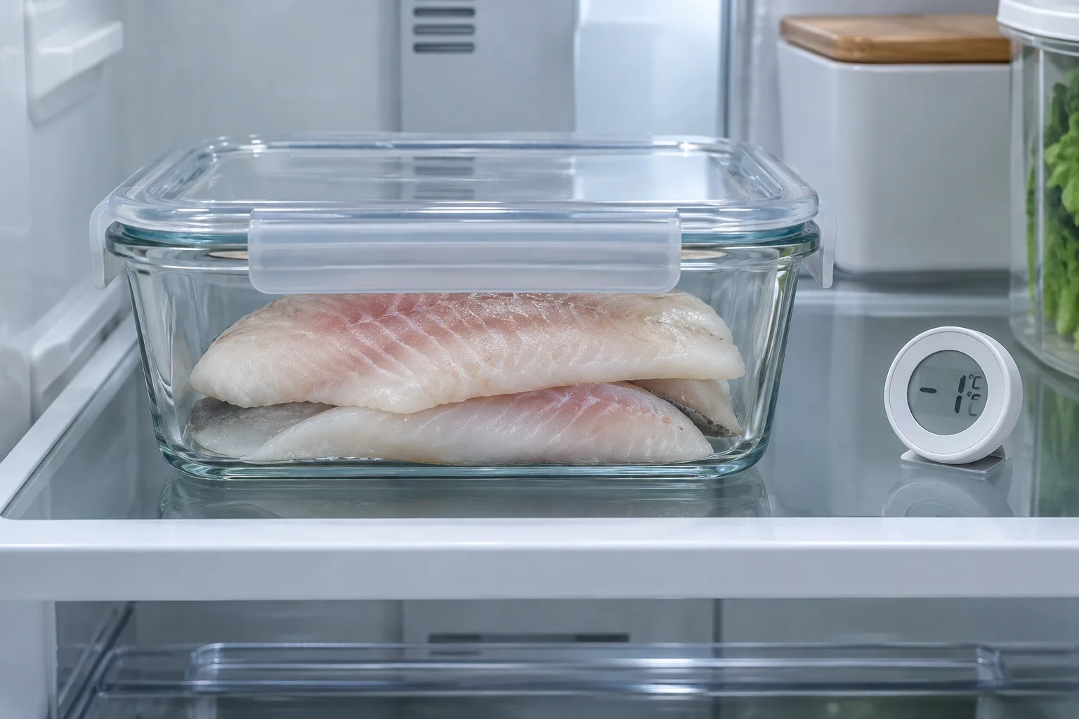 Filets de poisson crus conservés dans un récipient couvert au réfrigérateur.