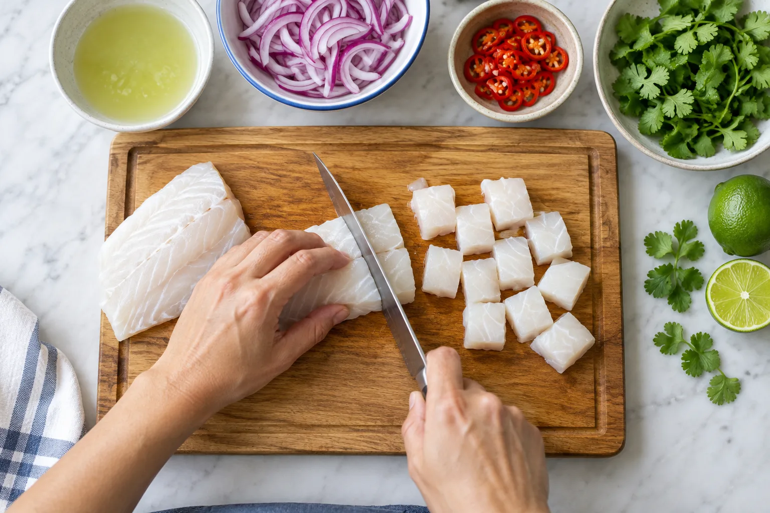 Découpe d’un filet de poisson blanc en dés réguliers, avec les ingrédients du ceviche préparés à proximité.