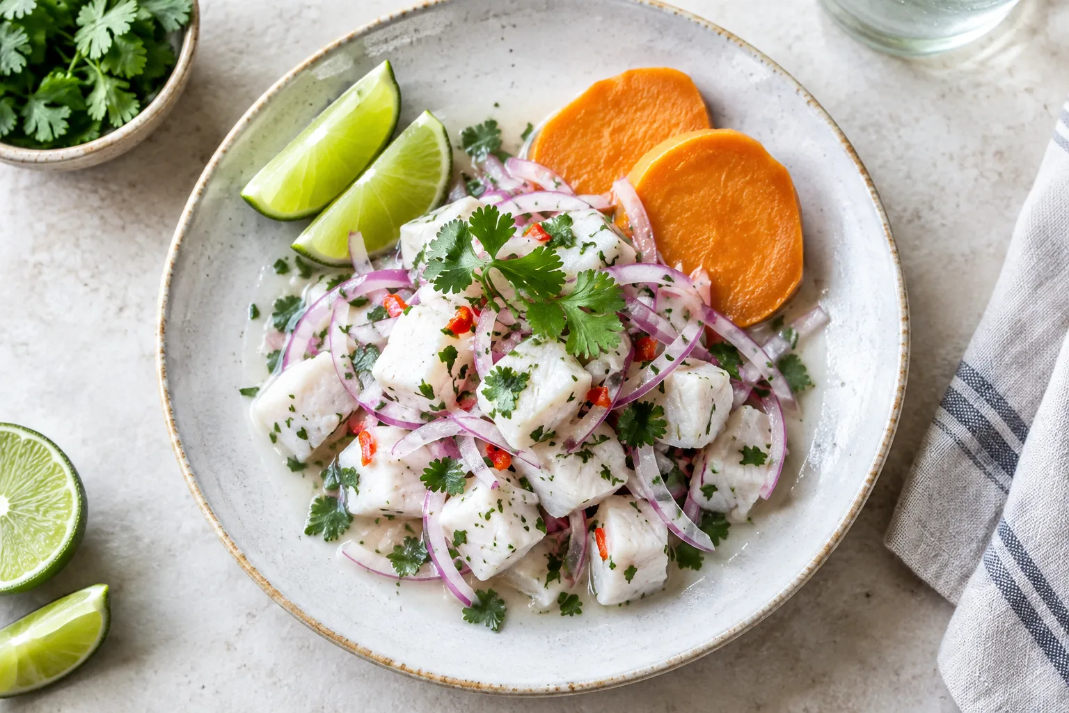 Ceviche de poisson blanc en dés, accompagné d’oignon rouge, de coriandre, de citron vert et de patate douce.