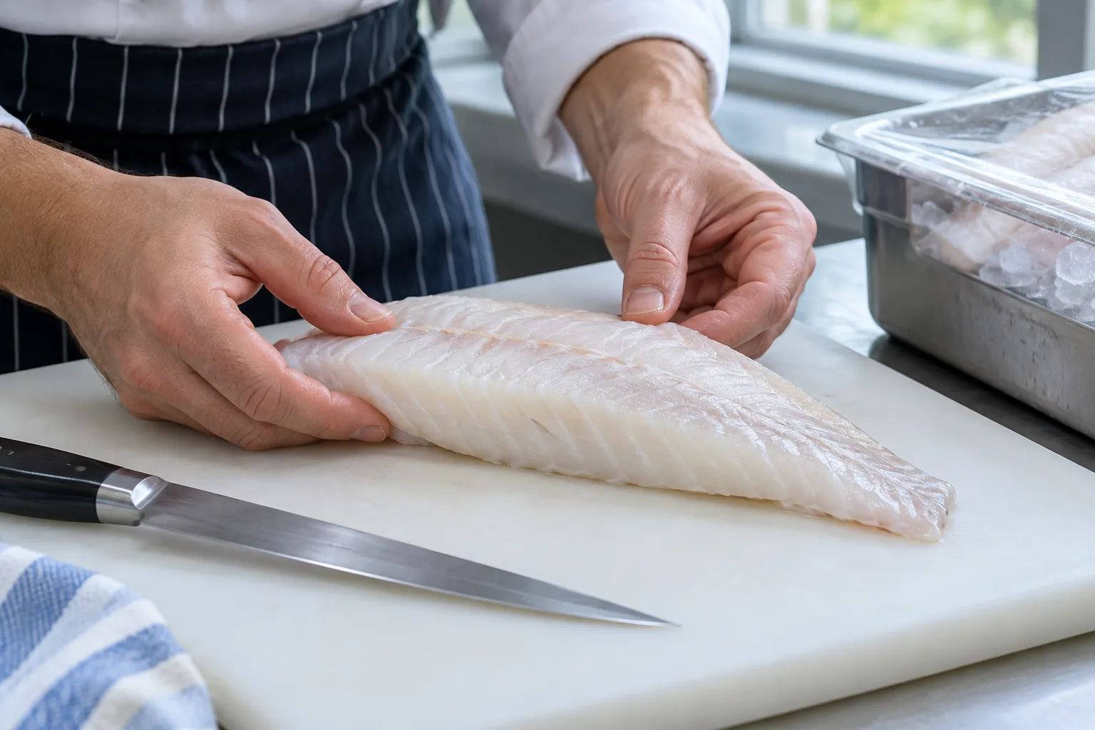 Filet de poisson blanc ferme posé sur une planche propre, prêt à être découpé pour un tiradito.