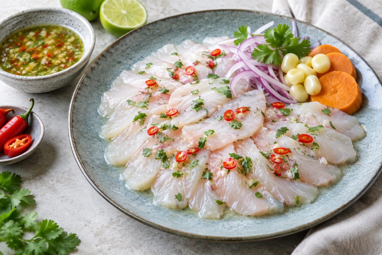 Tranches fines de poisson disposées en éventail sur une assiette avant l’ajout de la sauce.