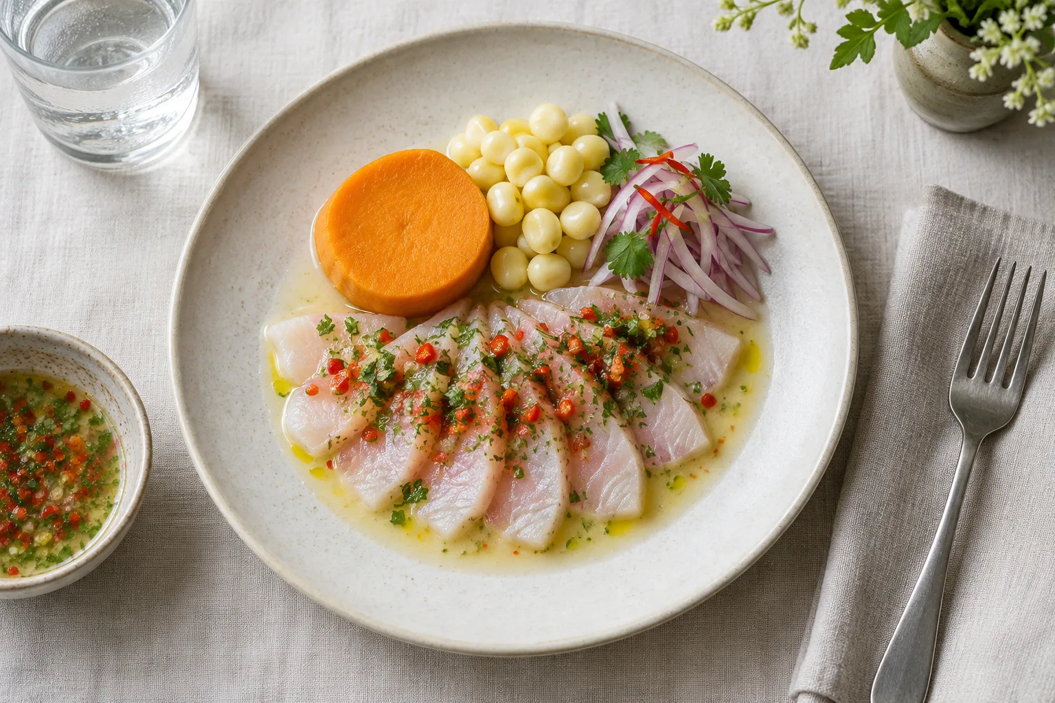 Tiradito péruvien composé de fines tranches de poisson nappées de sauce au citron vert, avec de la patate douce et du maïs.